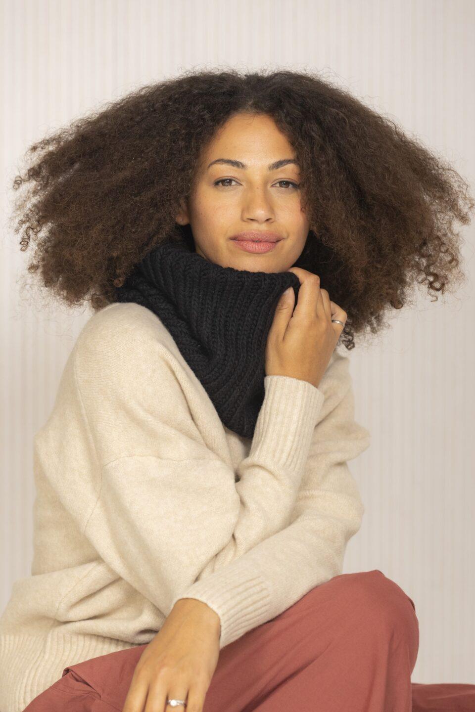 Merino Wool Knitted Infinity Snood Scarf – Neck Warmer in Black - likemary