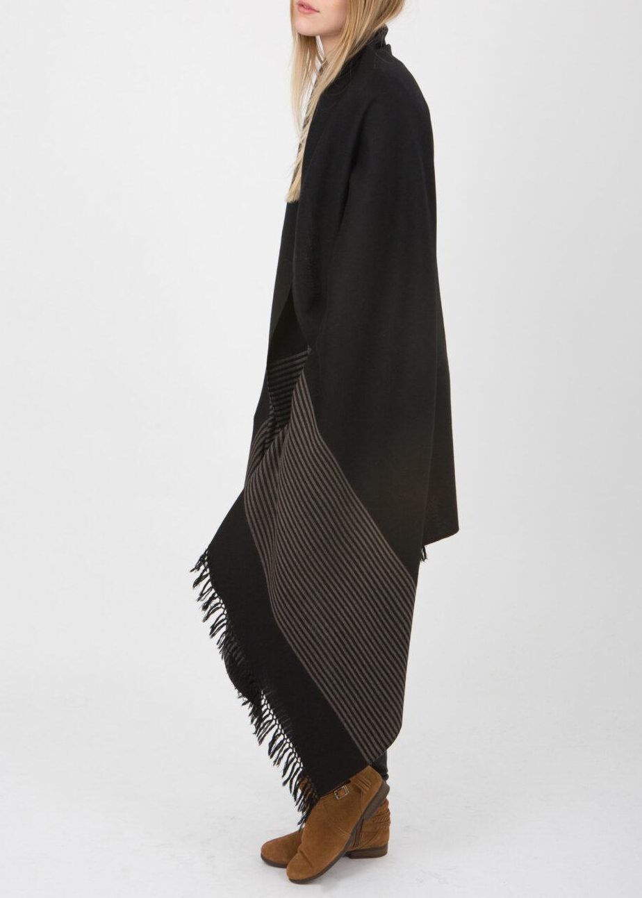 Merino Wool Oversized Scarf for Layering & Travel in Black with Stripes - likemary