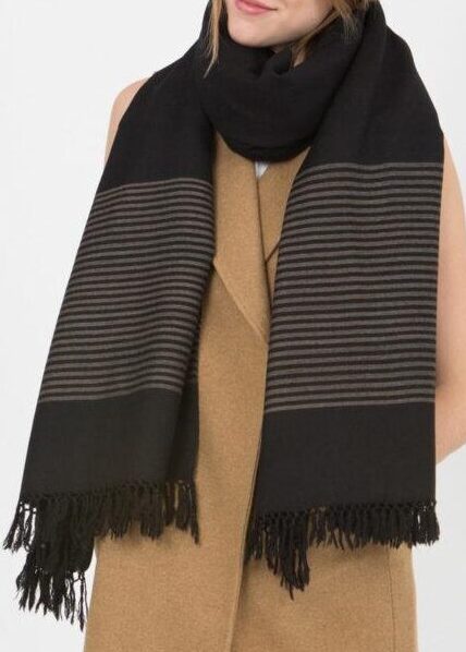 Merino Wool Oversized Scarf for Layering & Travel in Black with Stripes - likemary