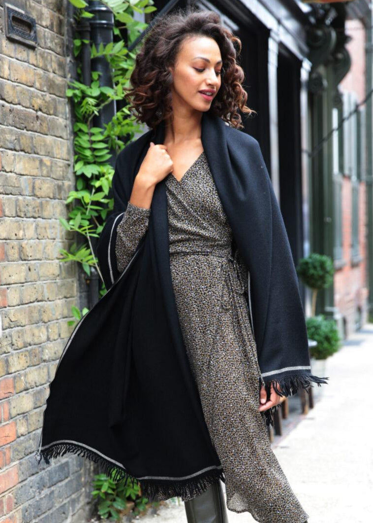 Merino Wool Shawl - Oversized Black Scarf for Layering & Travel - likemary