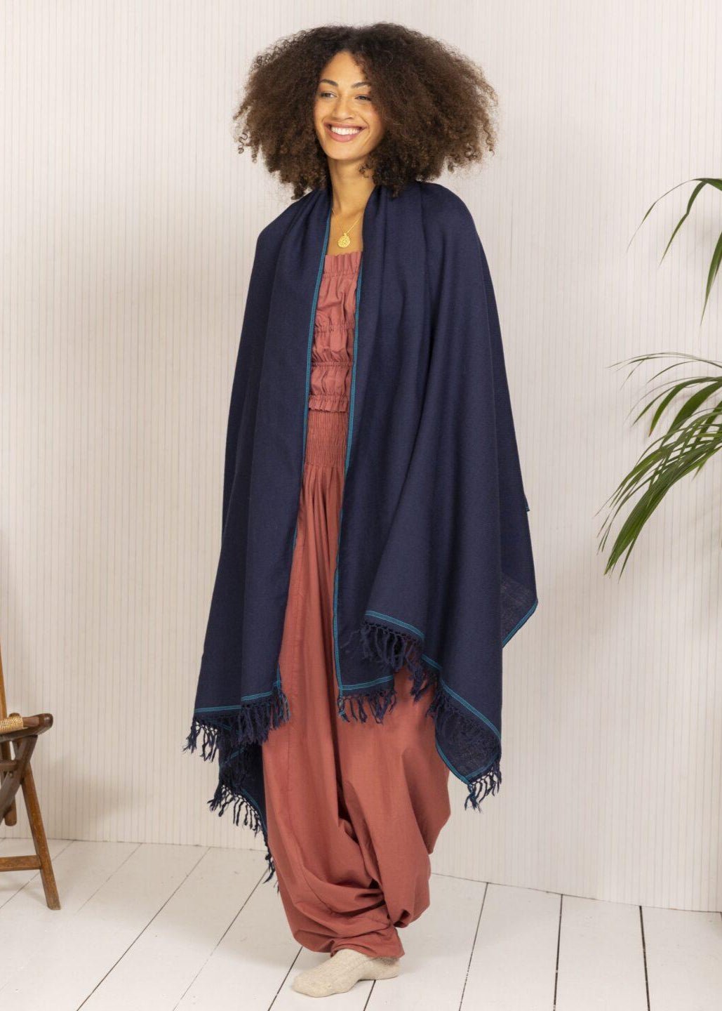 Merino Wool Shawl - Oversized Blue Scarf for Layering & Travel - likemary
