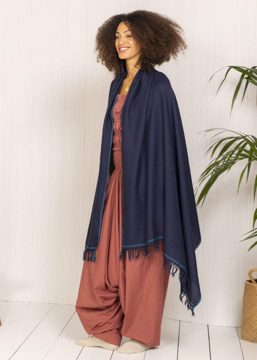Merino Wool Shawl - Oversized Blue Scarf for Layering & Travel - likemary