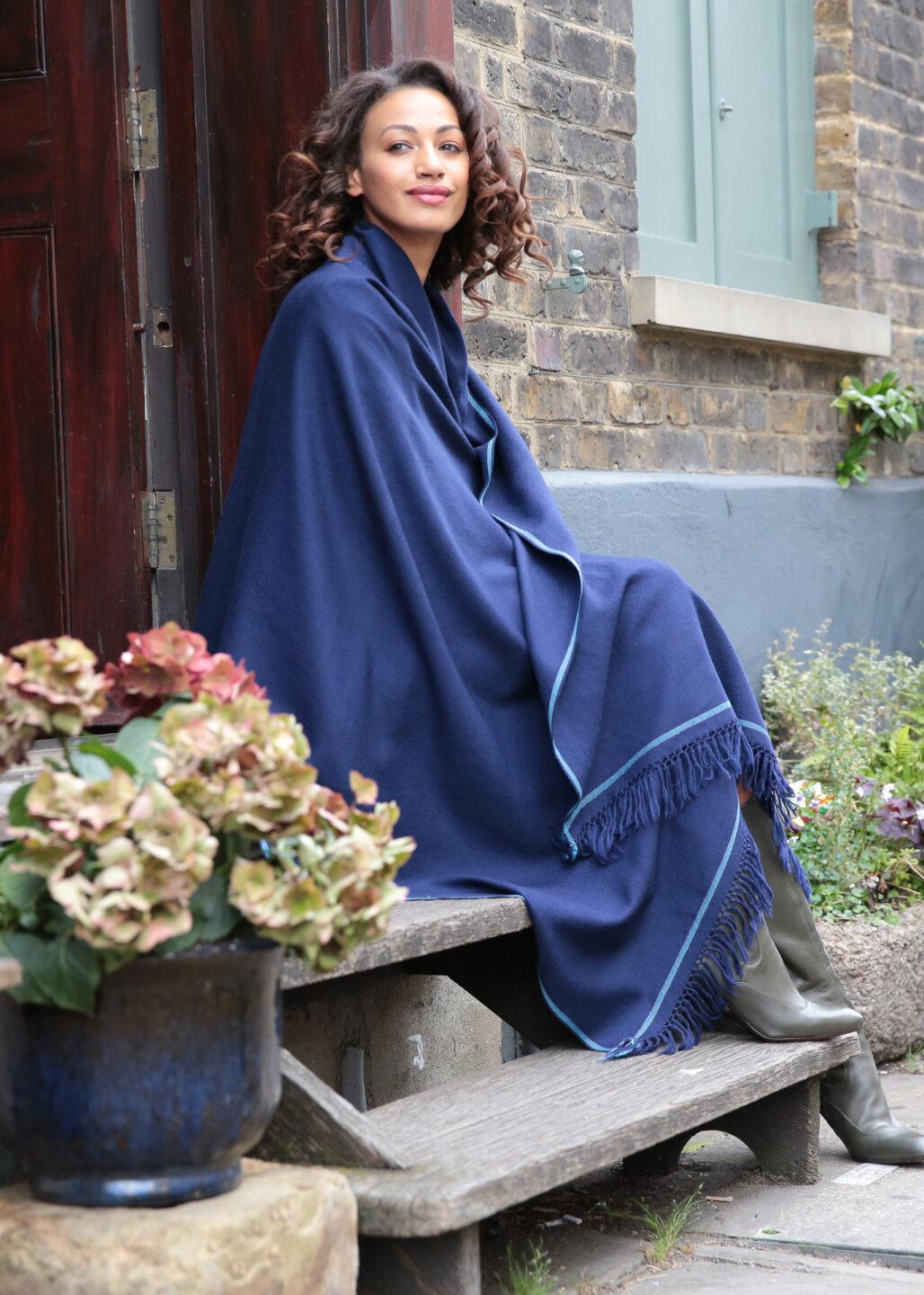 Merino Wool Shawl - Oversized Blue Scarf for Layering & Travel - likemary