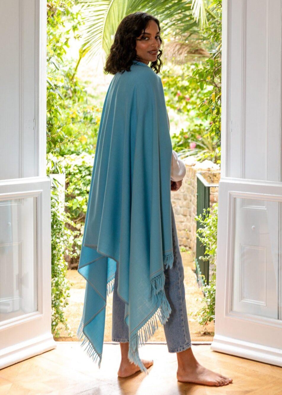 Merino Wool Shawl - Oversized Crystal Blue Scarf for Layering & Travel - likemary