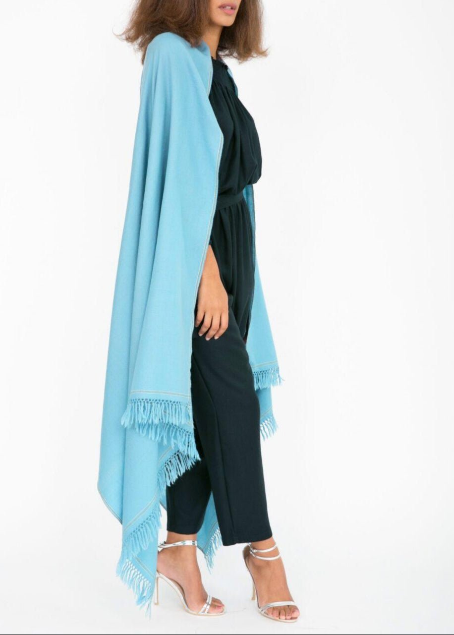 Merino Wool Shawl - Oversized Crystal Blue Scarf for Layering & Travel - likemary