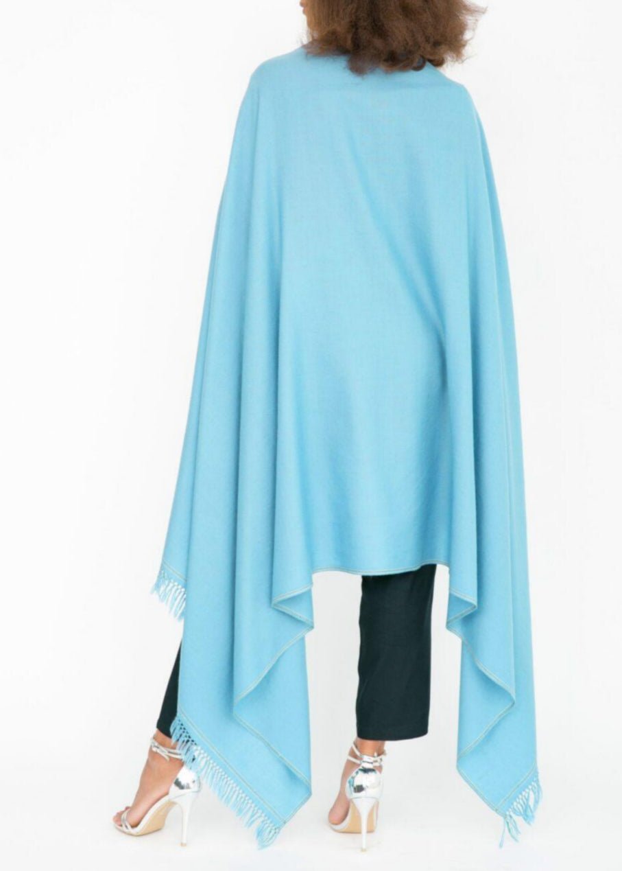 Merino Wool Shawl - Oversized Crystal Blue Scarf for Layering & Travel - likemary
