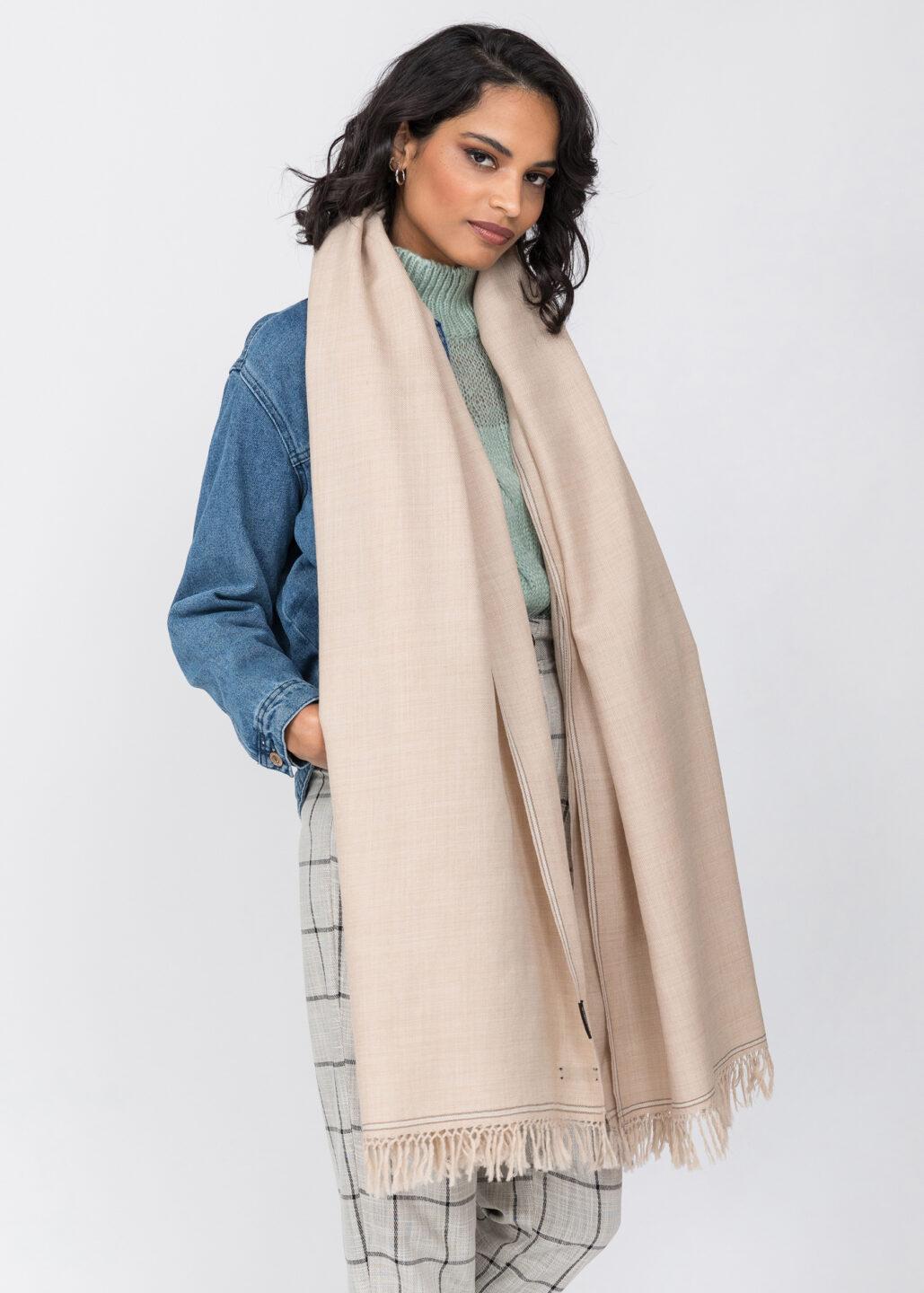 Merino Wool Shawl - Oversized Fawn Beige Scarf for Layering & Travel - likemary