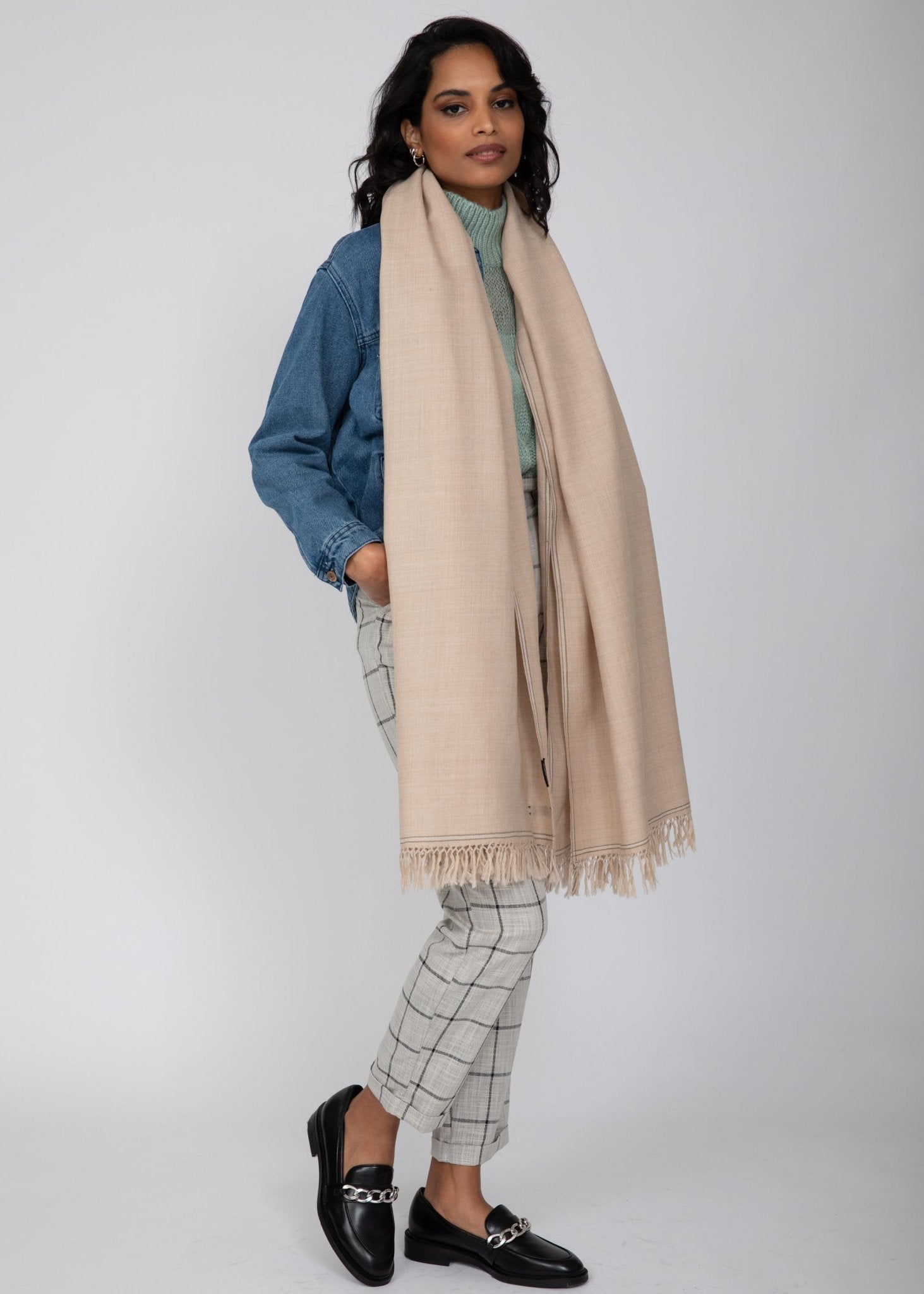 Merino Wool Shawl - Oversized Fawn Beige Scarf for Layering & Travel - likemary