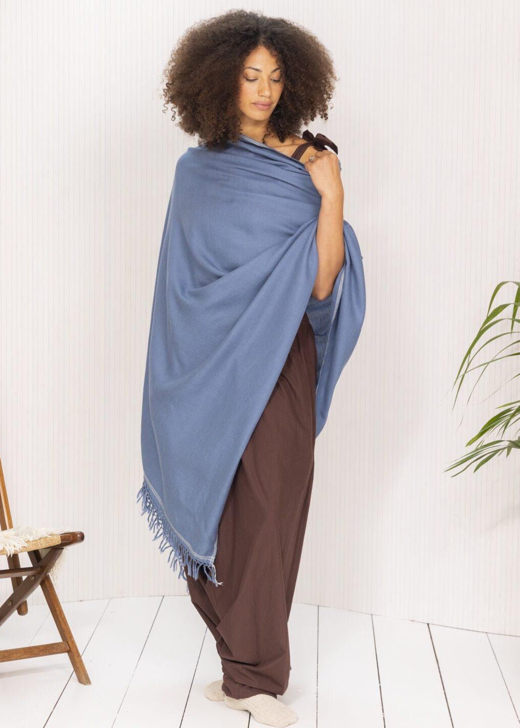 Merino Wool Shawl - Oversized Jeans Blue Scarf for Layering & Travel - likemary