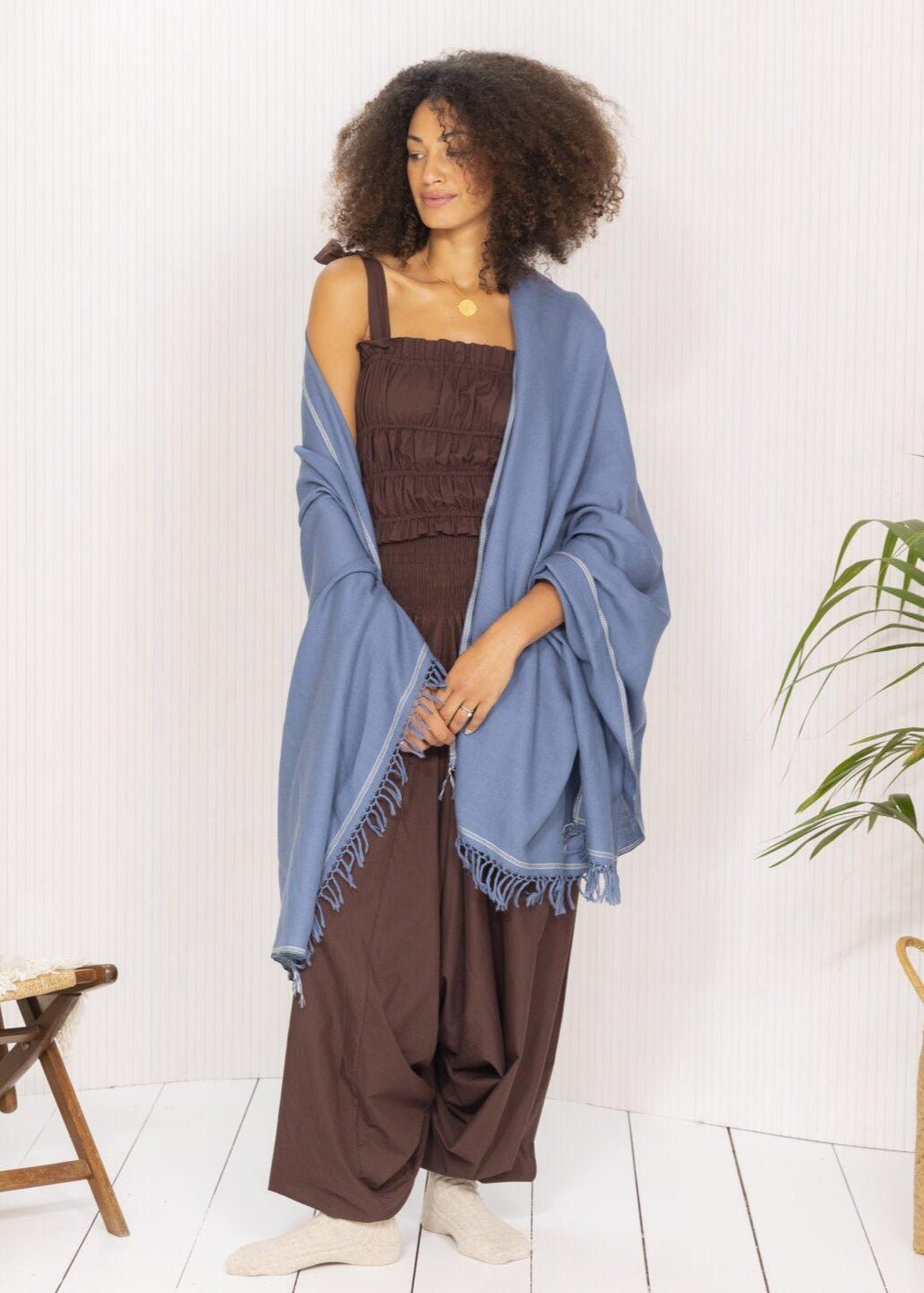 Merino Wool Shawl - Oversized Jeans Blue Scarf for Layering & Travel - likemary