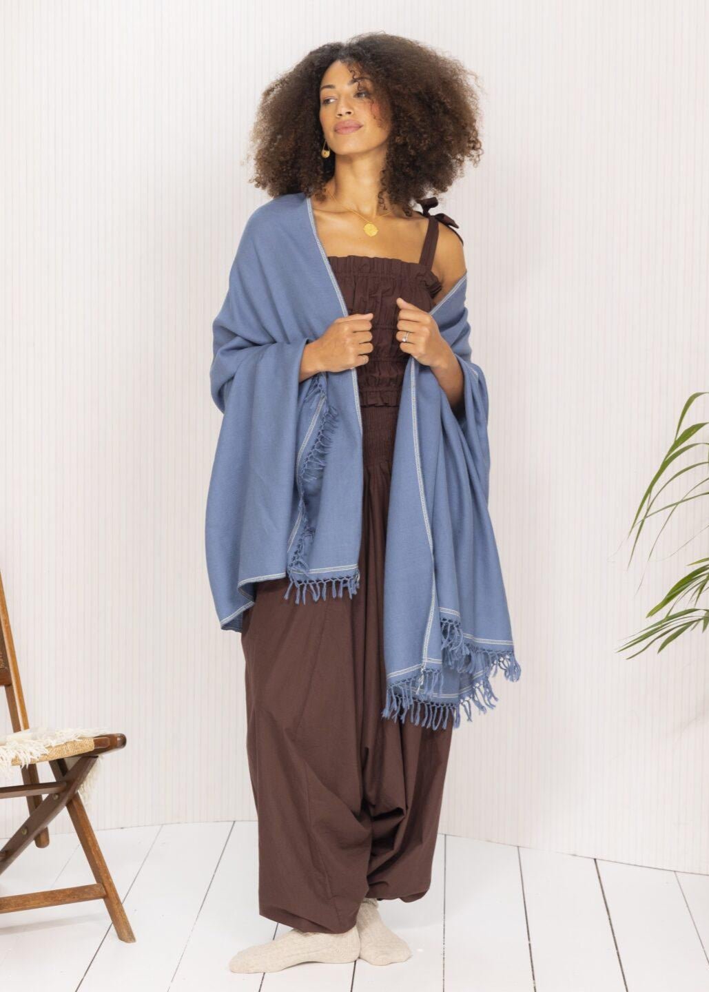 Merino Wool Shawl - Oversized Jeans Blue Scarf for Layering & Travel - likemary