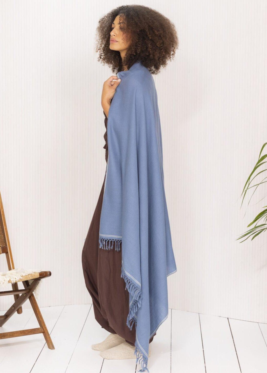 Merino Wool Shawl - Oversized Jeans Blue Scarf for Layering & Travel - likemary