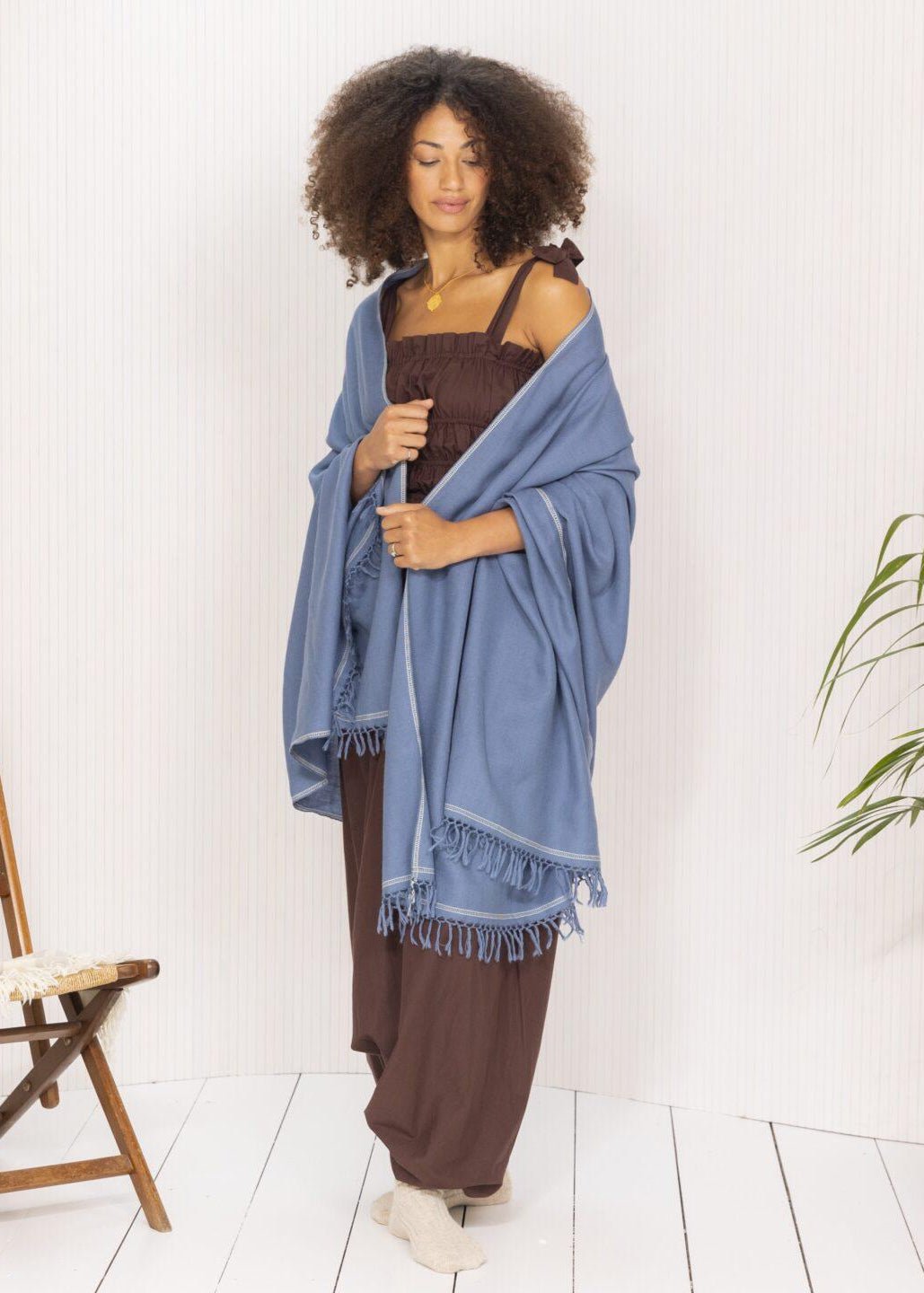 Merino Wool Shawl - Oversized Jeans Blue Scarf for Layering & Travel - likemary