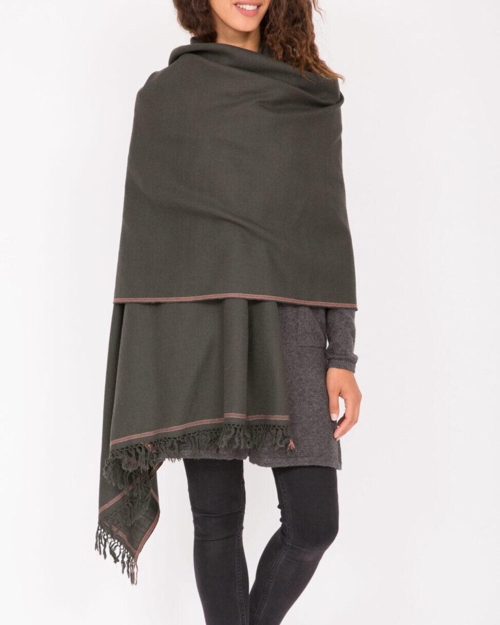 Merino Wool Shawl - Oversized Khaki Green Scarf for Layering & Travel - likemary