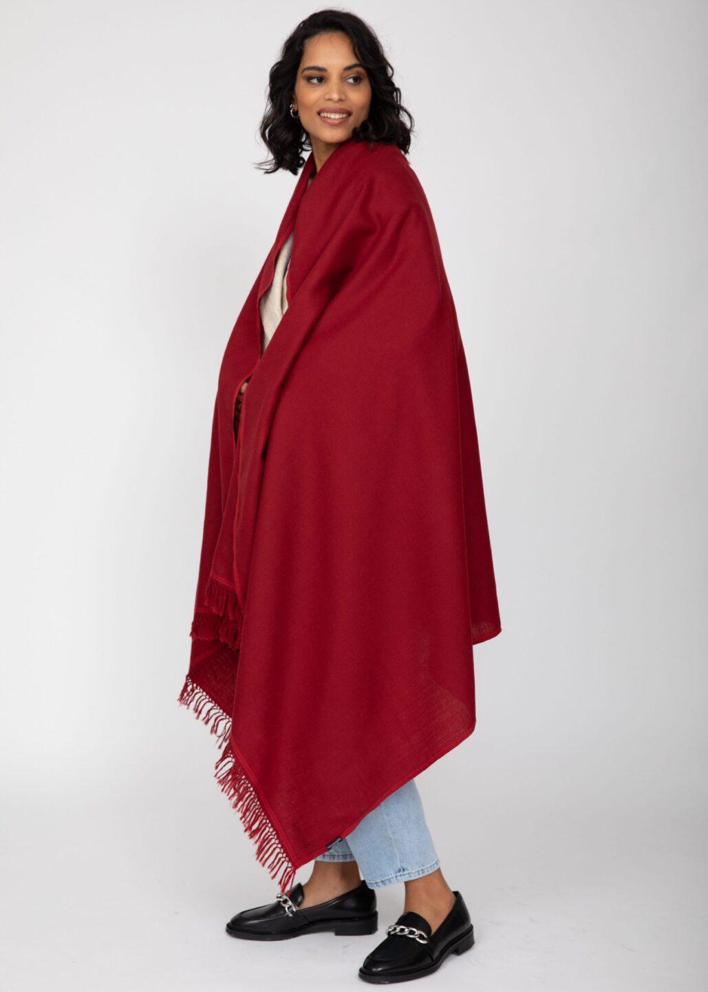 Merino Wool Shawl - Oversized Red Scarf for Layering & Travel - likemary