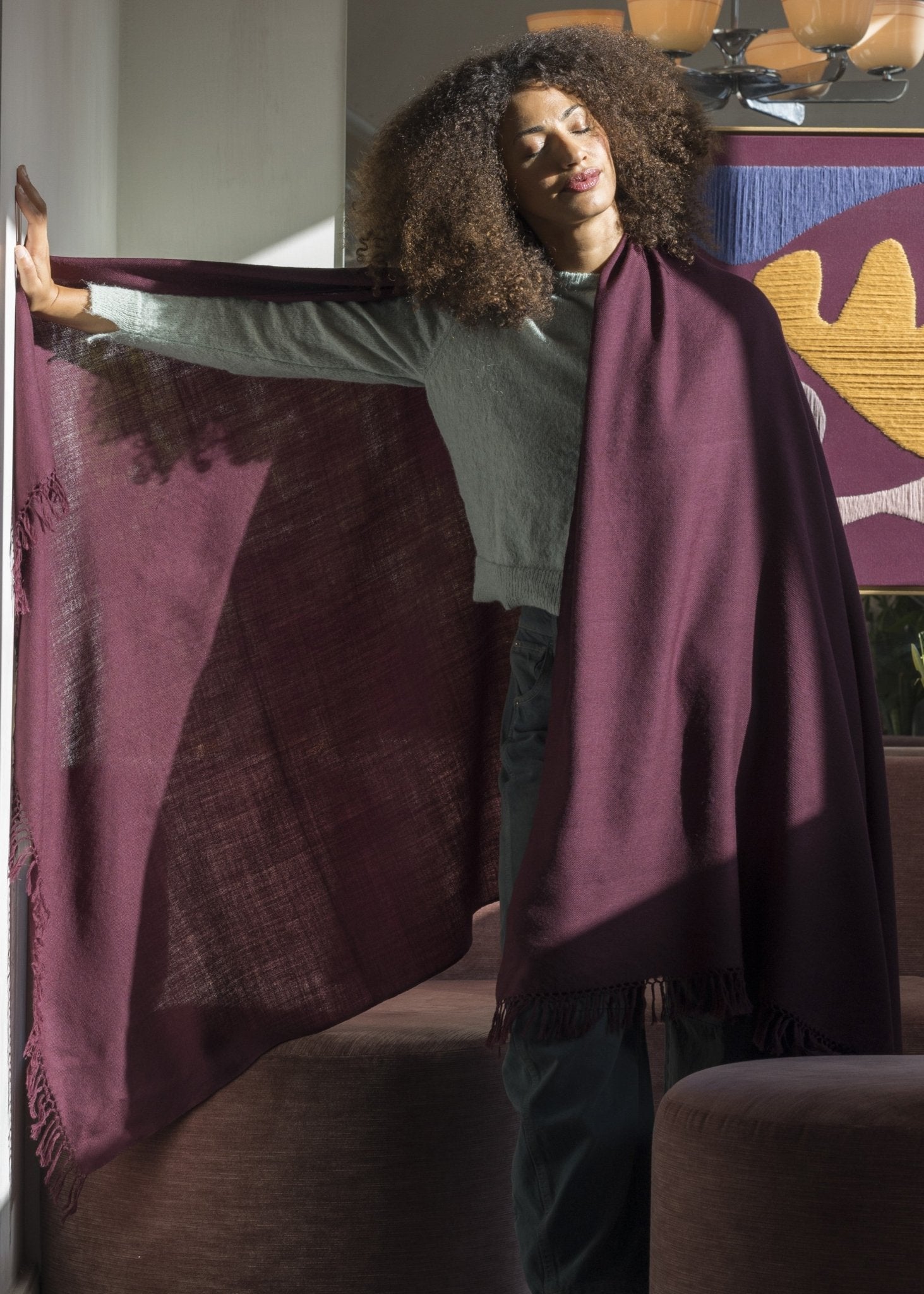 Multi - Use Handmade Blanket Scarf & Travel Wrap in Burgundy Red - likemary