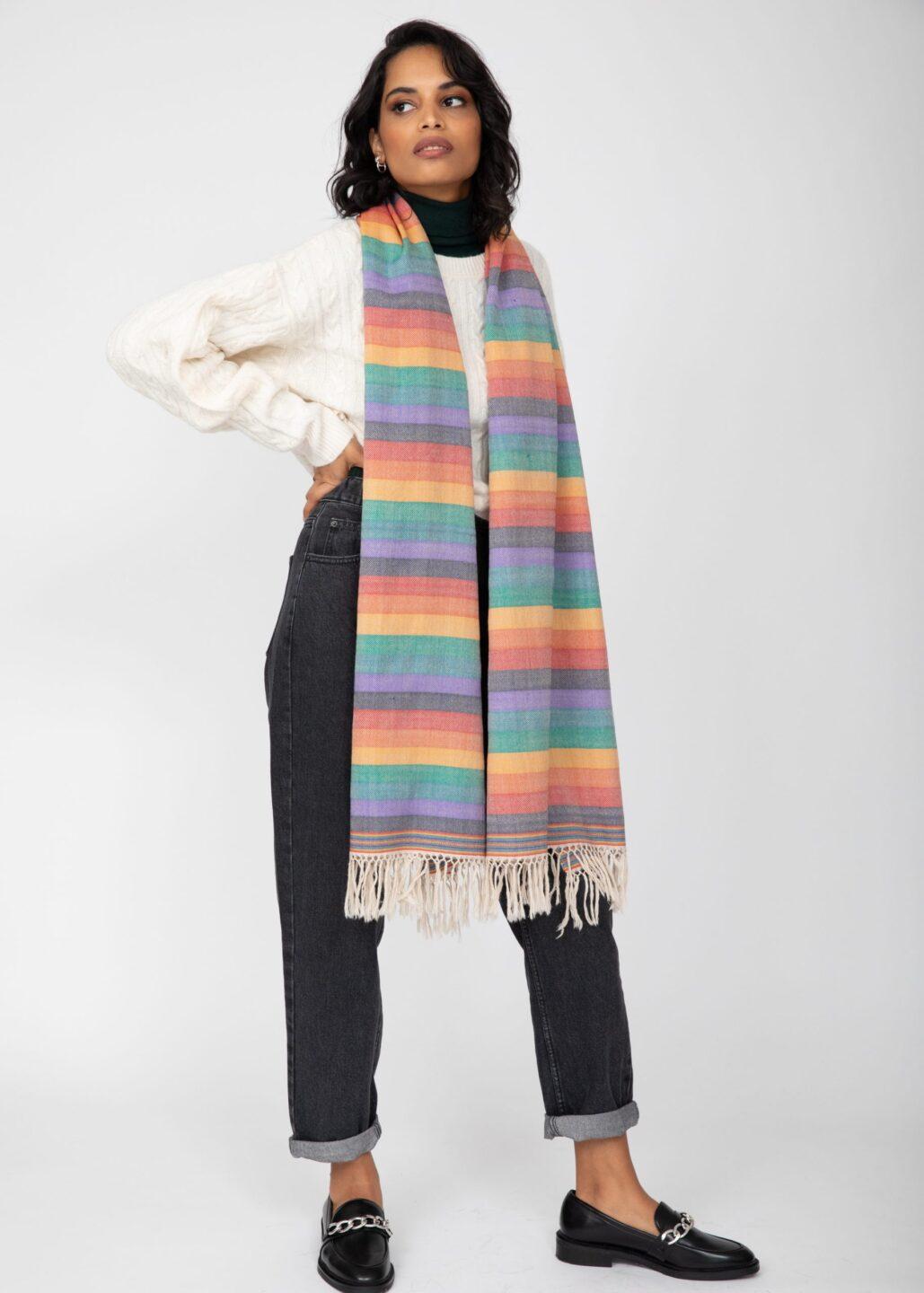 Multi - Use Handmade Scarf & Travel Wrap in Rainbow Stripes - likemary