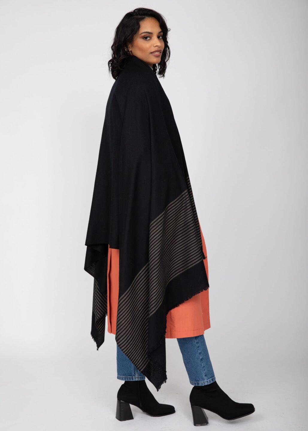 Multi - Use Merino Handmade Blanket Scarf in Black with Stripes - likemary