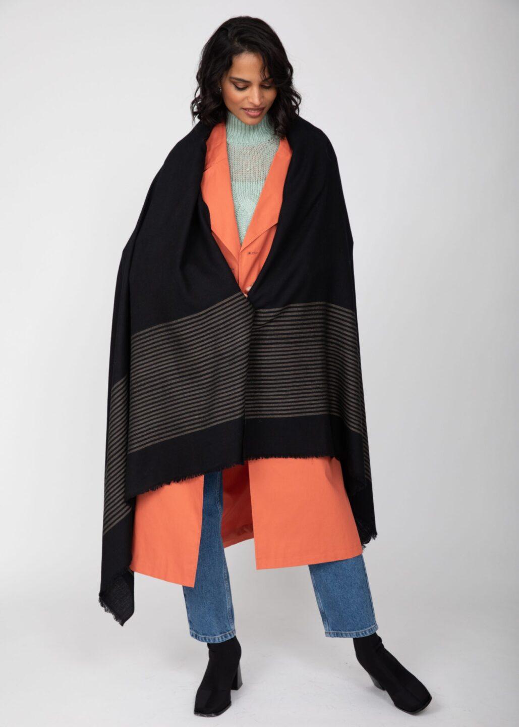 Multi - Use Merino Handmade Blanket Scarf in Black with Stripes - likemary