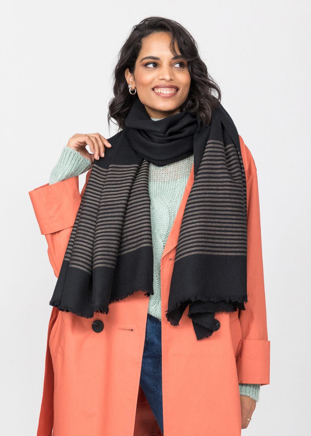 Multi - Use Merino Handmade Blanket Scarf in Black with Stripes - likemary