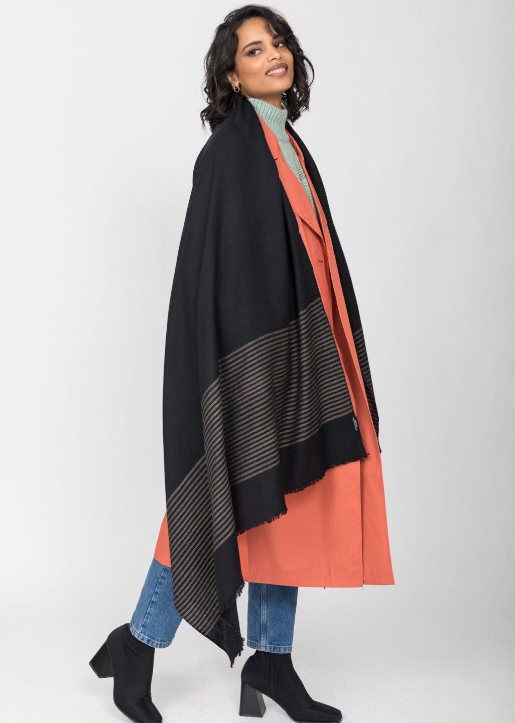 Multi - Use Merino Handmade Blanket Scarf in Black with Stripes - likemary