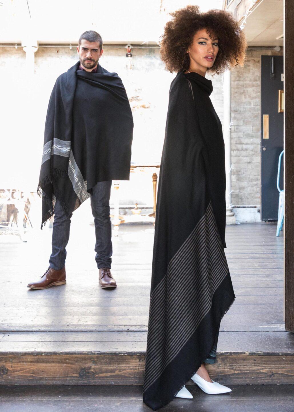 Multi - Use Merino Handmade Blanket Scarf in Black with Stripes - likemary