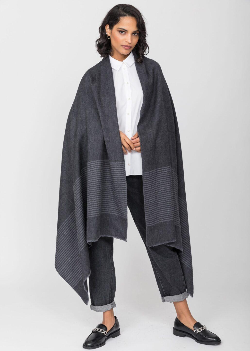 Multi - Use Merino Handmade Blanket Scarf in Grey with Stripes - likemary