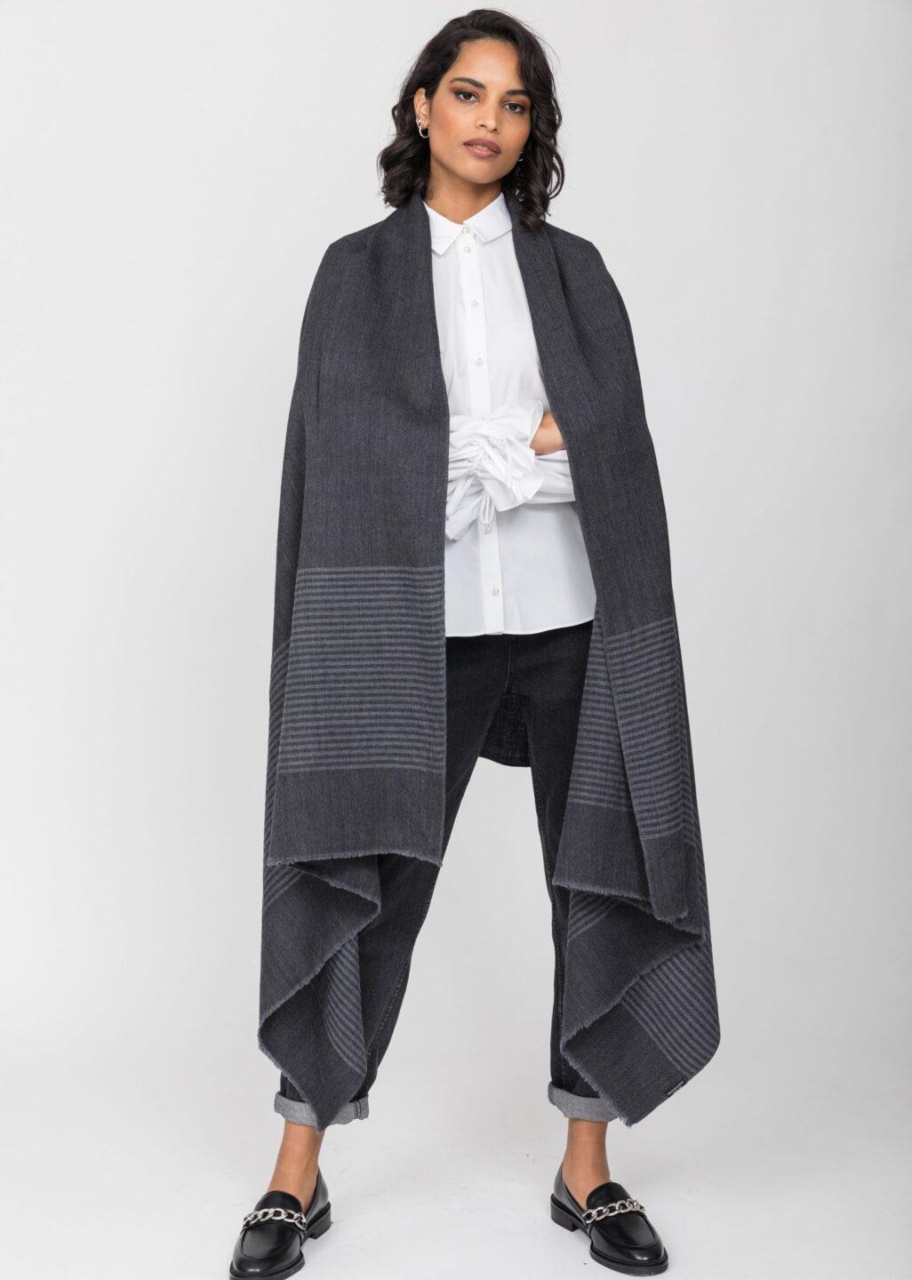 Multi - Use Merino Handmade Blanket Scarf in Grey with Stripes - likemary