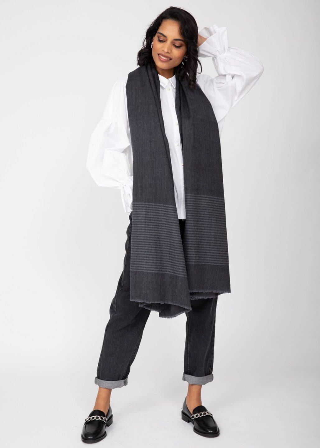 Multi - Use Merino Handmade Blanket Scarf in Grey with Stripes - likemary