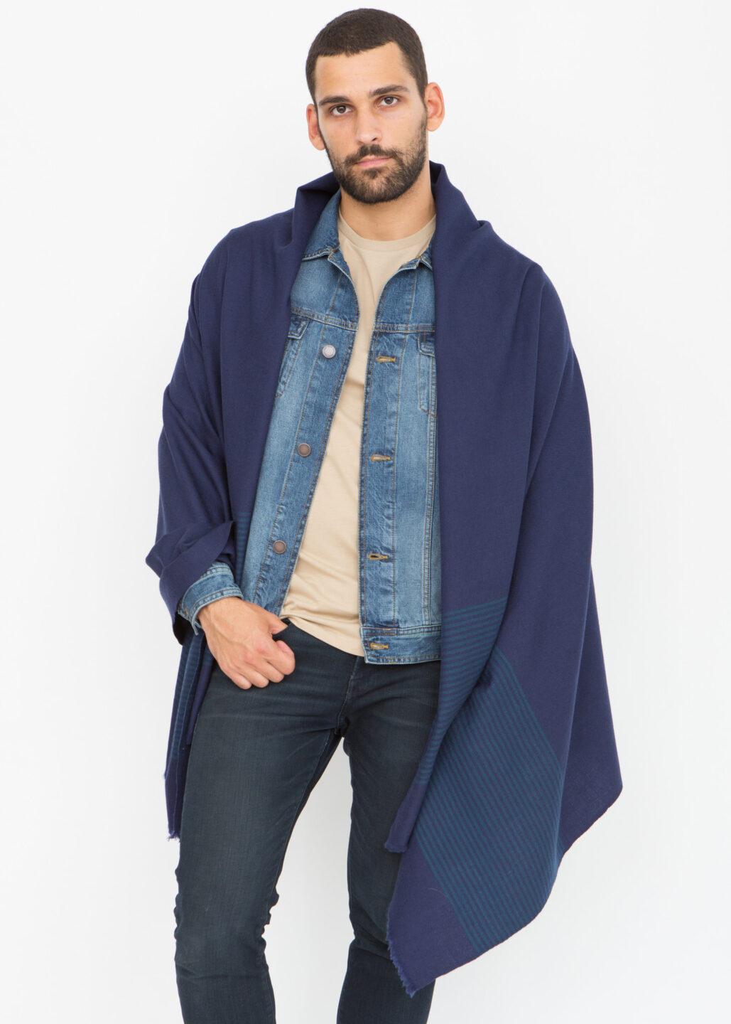 Multi - Use Merino Men's Handmade Blanket Scarf in Blue with Stripes - likemary
