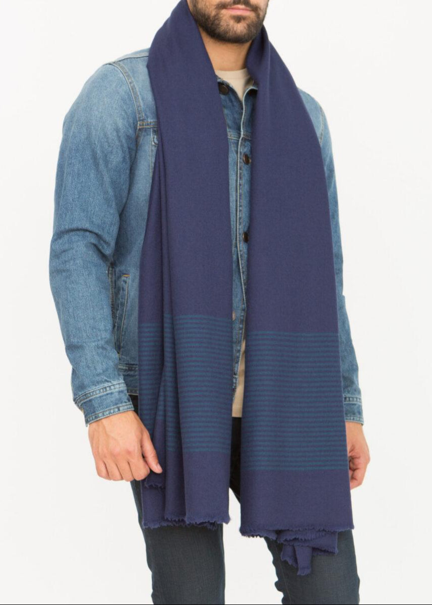 Multi - Use Merino Men's Handmade Blanket Scarf in Blue with Stripes - likemary