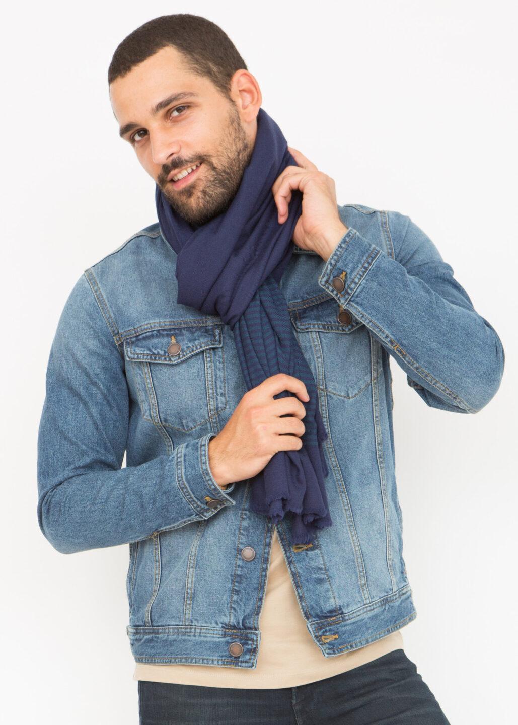 Multi - Use Merino Men's Handmade Blanket Scarf in Blue with Stripes - likemary