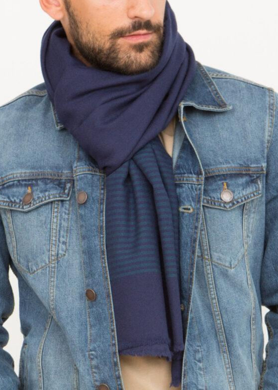 Multi - Use Merino Men's Handmade Blanket Scarf in Blue with Stripes - likemary