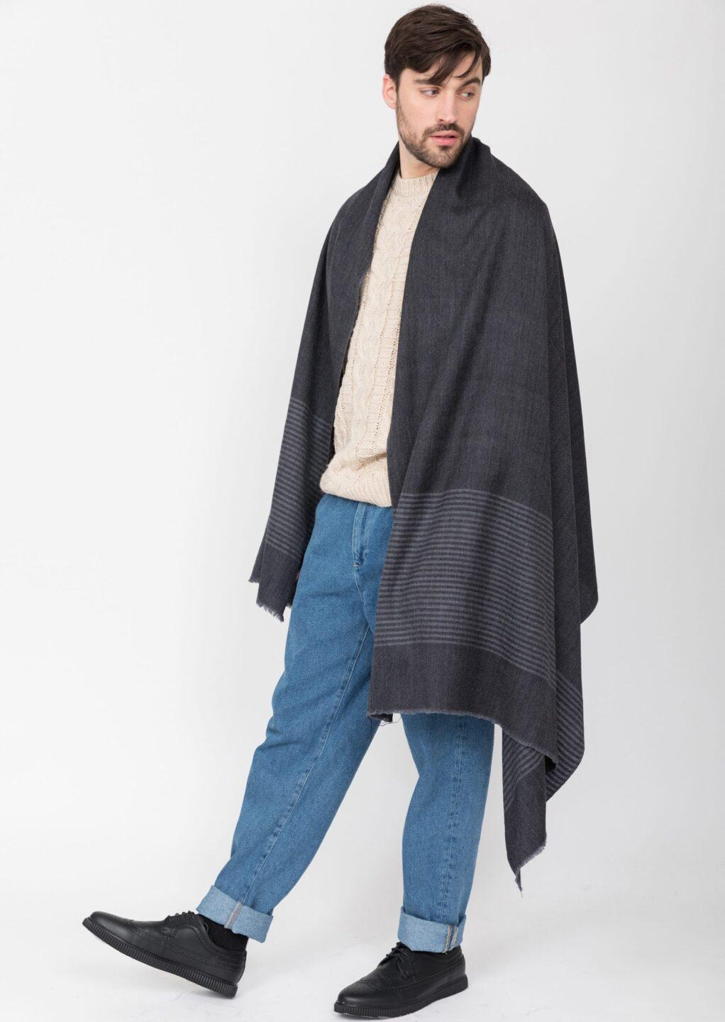 Multi - Use Merino Men's Handmade Blanket Scarf in Grey with Stripes - likemary