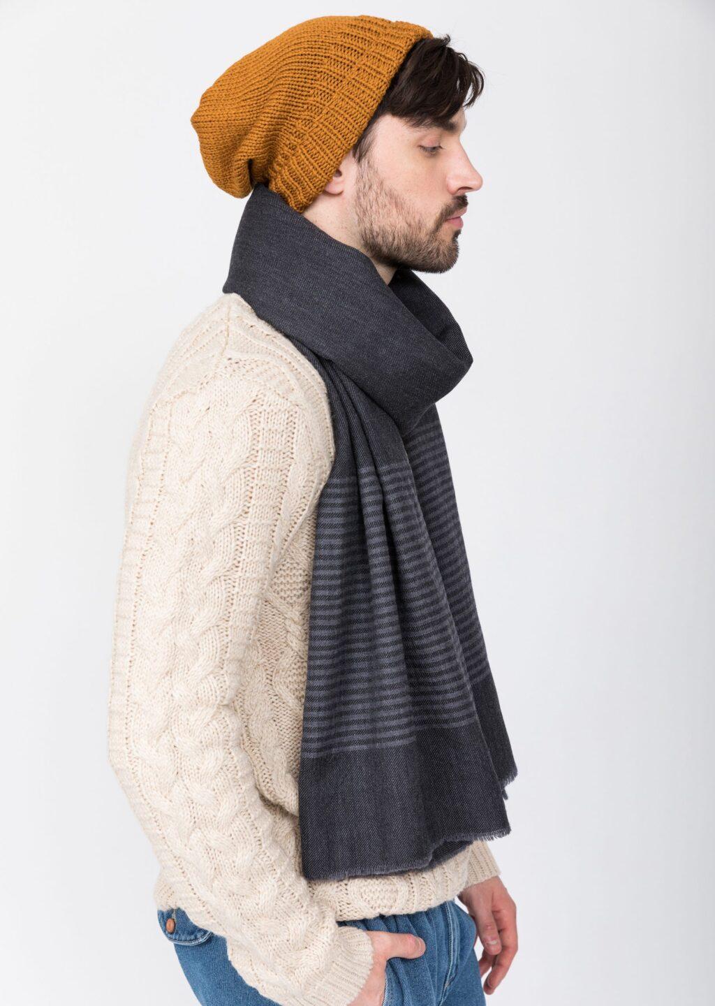 Multi - Use Merino Men's Handmade Blanket Scarf in Grey with Stripes - likemary