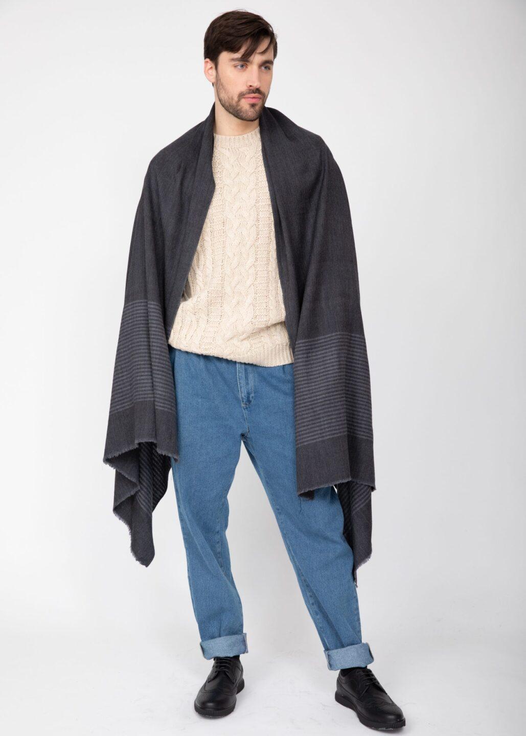 Multi - Use Merino Men's Handmade Blanket Scarf in Grey with Stripes - likemary