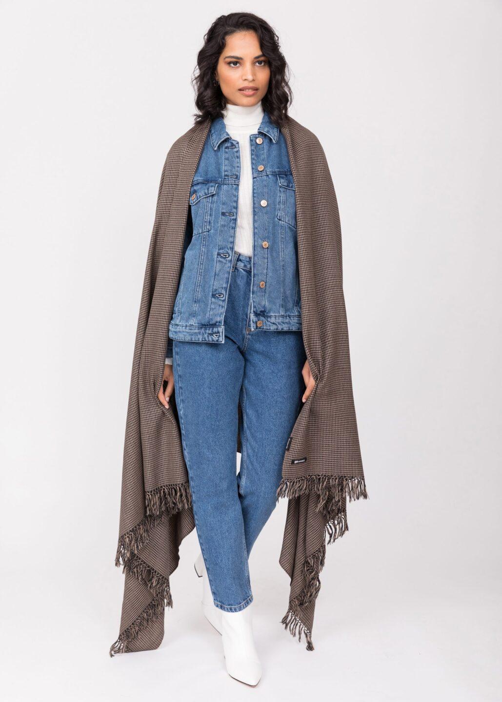 Multi - Use Oversize Handmade Blanket Scarf & Cosy Wrap in Mocha Houndstooth Weave - likemary