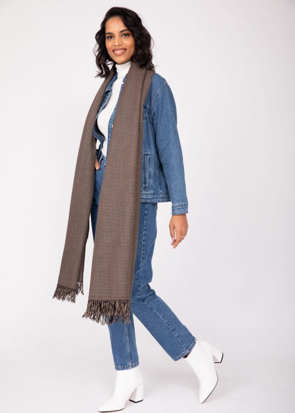 Multi - Use Oversize Handmade Blanket Scarf & Cosy Wrap in Mocha Houndstooth Weave - likemary