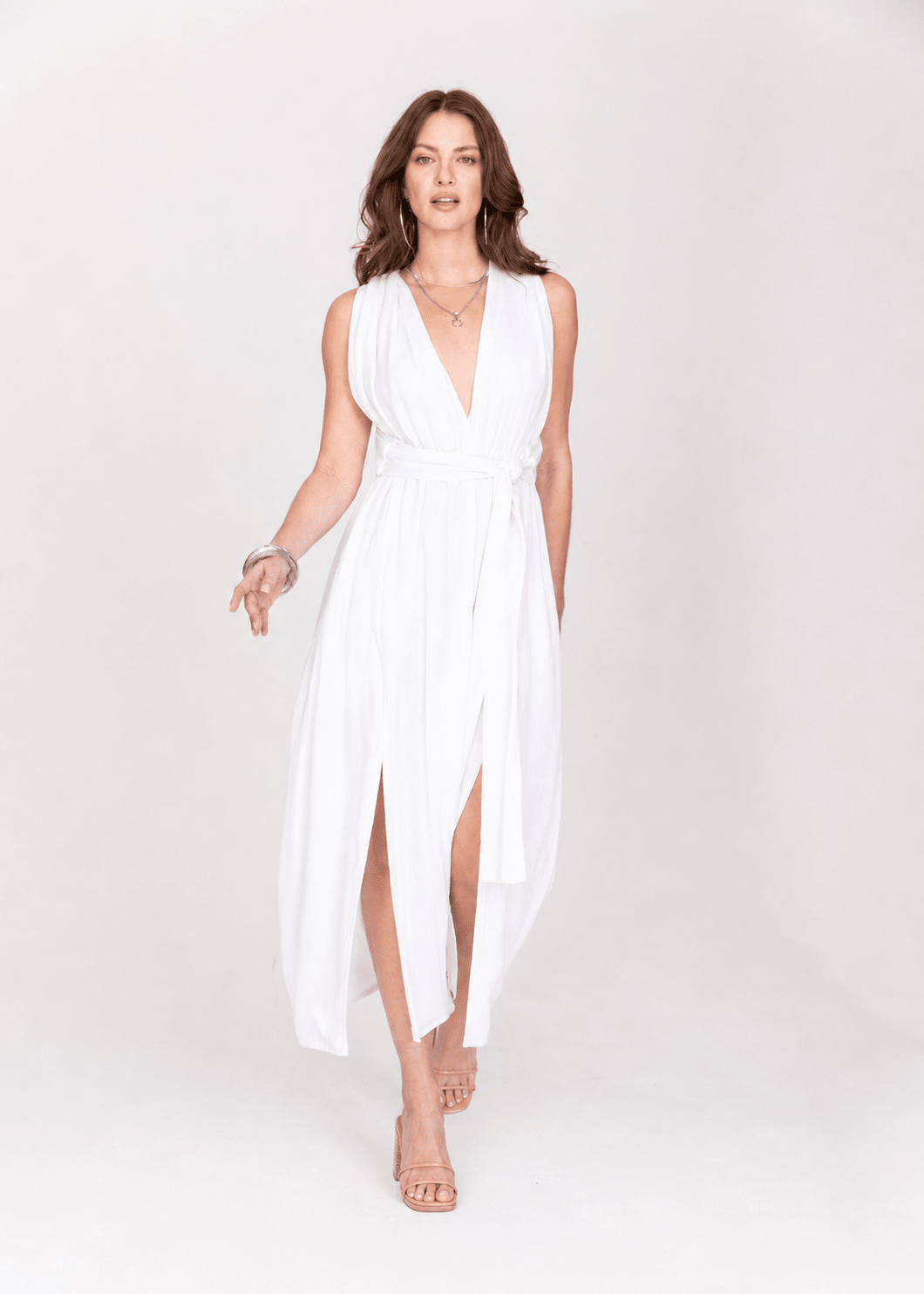 Convertible Maxi Dress with Side Slits & Lurex Stripes in White – clothing and accessories by likemary