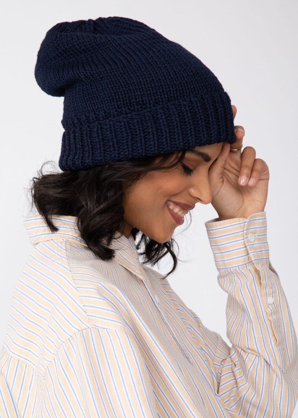 Navy Blue Merino Slouchy Beanie Men - Ethically Handmade - likemary