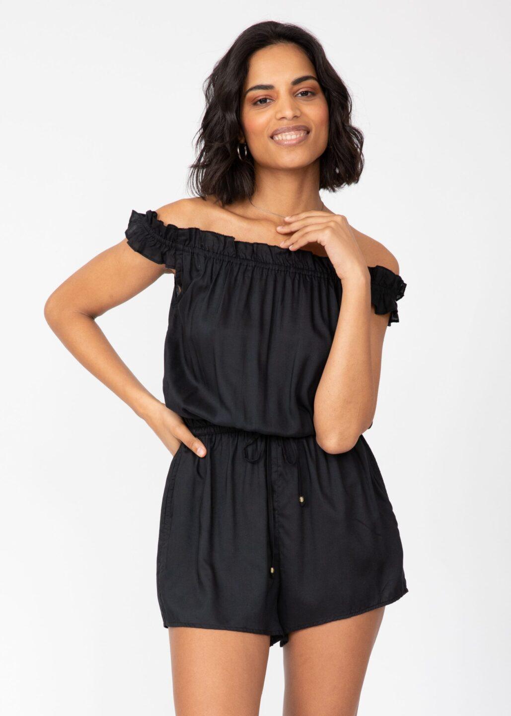 Off Shoulder Bardot Playsuit in Black - likemary