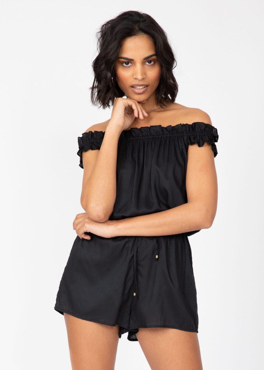 Off Shoulder Bardot Playsuit in Black - likemary