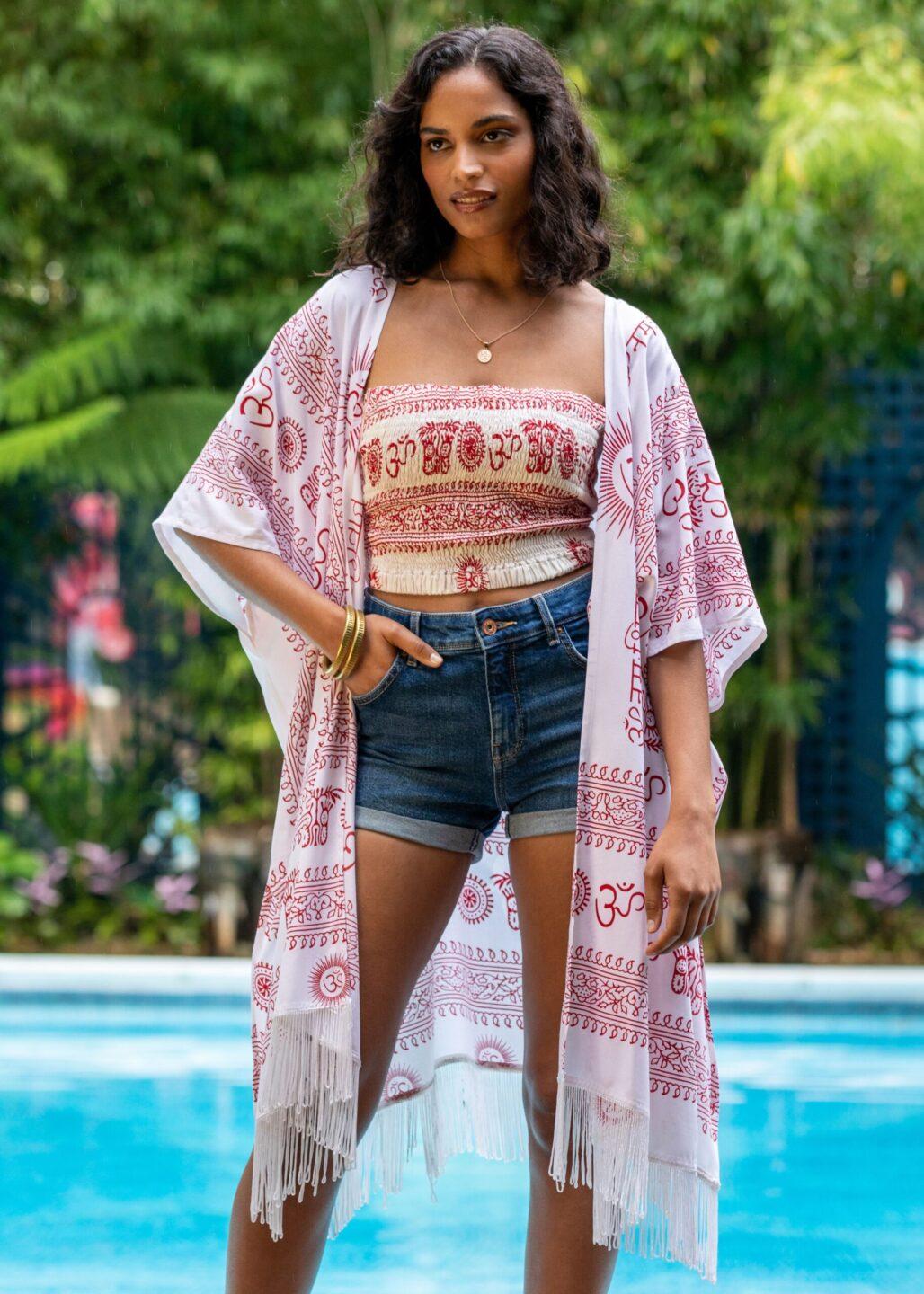 Om Print Kimono Beach Cover - Up – White with Tassel Trim - likemary
