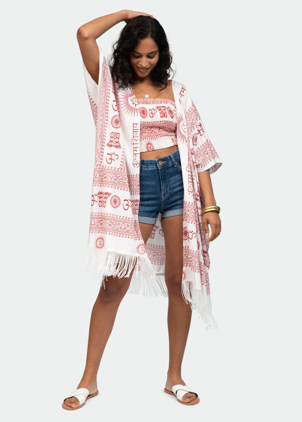 Om Print Kimono Beach Cover - Up – White with Tassel Trim - likemary