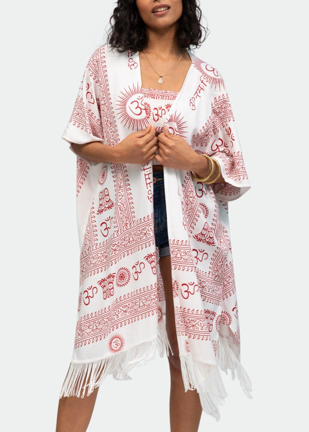 Om Print Kimono Beach Cover - Up – White with Tassel Trim - likemary