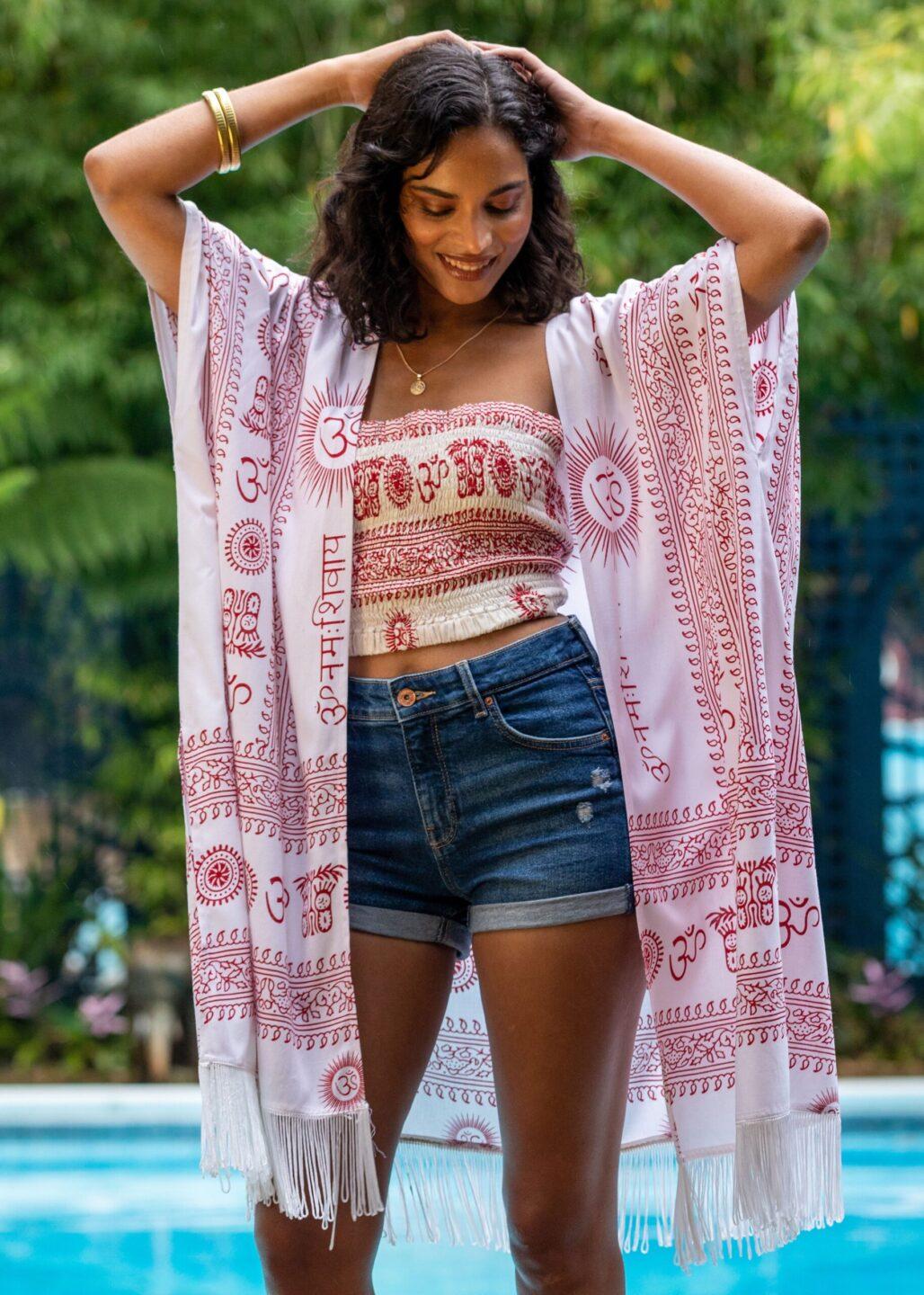 Om Print Kimono Beach Cover - Up – White with Tassel Trim - likemary