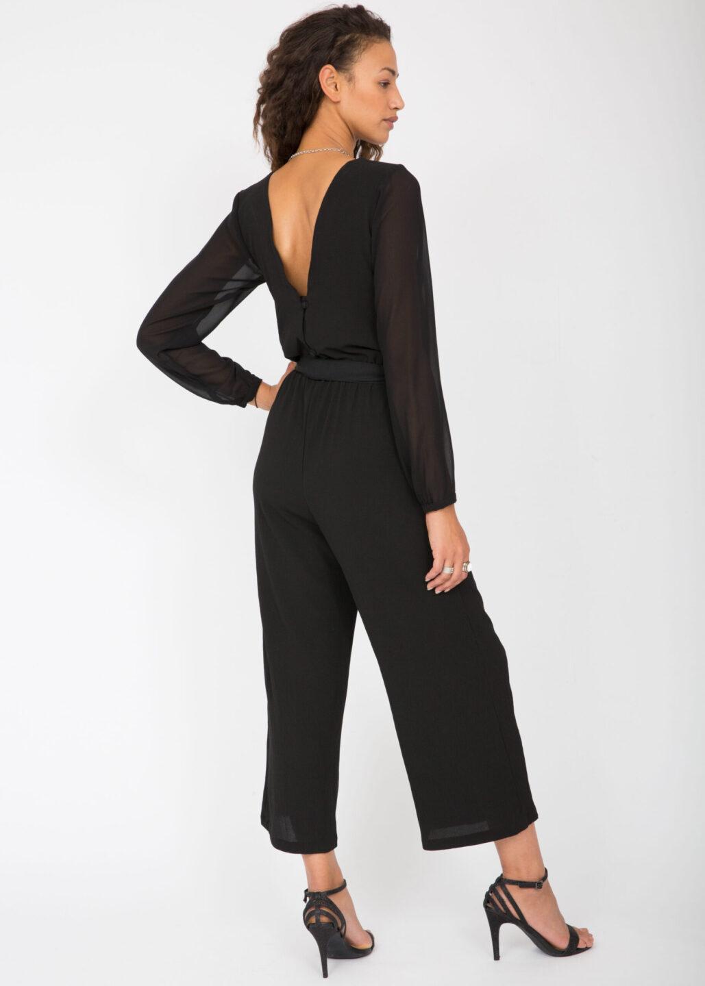 Open Back Sheer Sleeves Culotte Jumpsuit Black - likemary