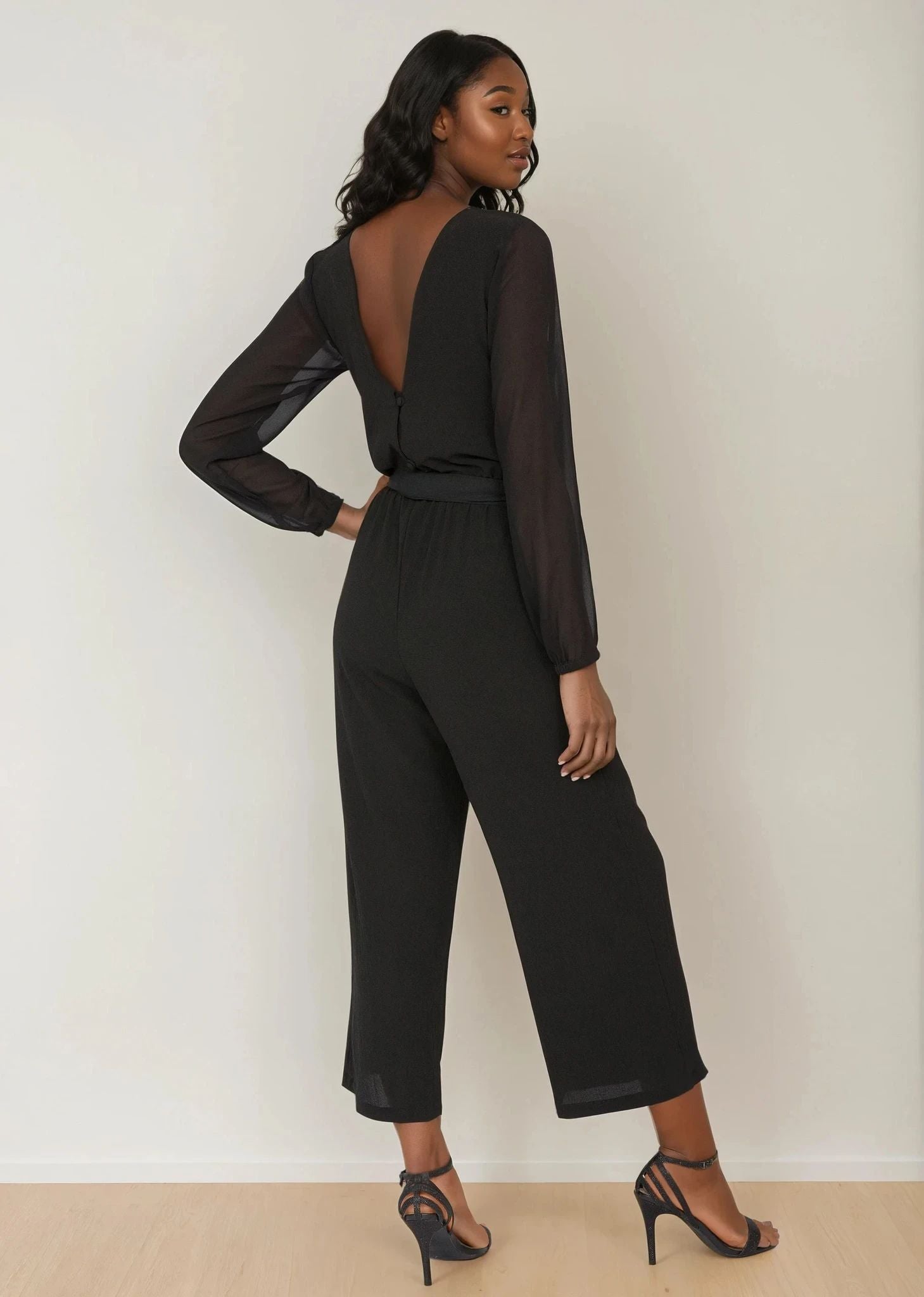 Open Back Sheer Sleeves Culotte Jumpsuit Black - likemary