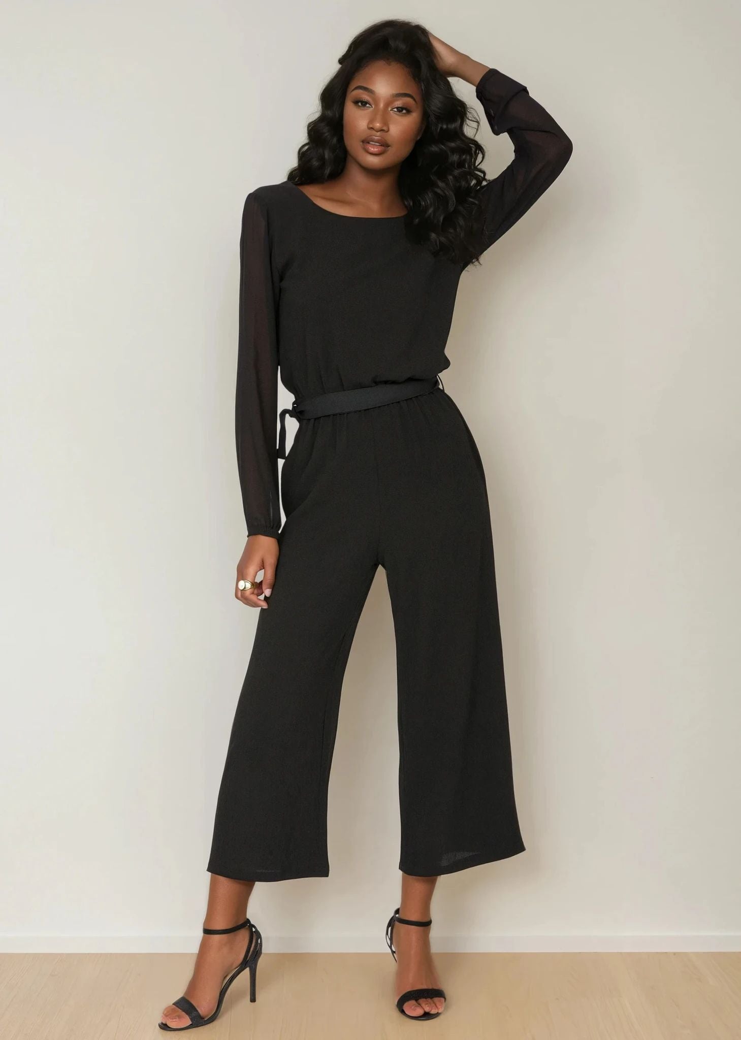Open Back Sheer Sleeves Culotte Jumpsuit Black - likemary