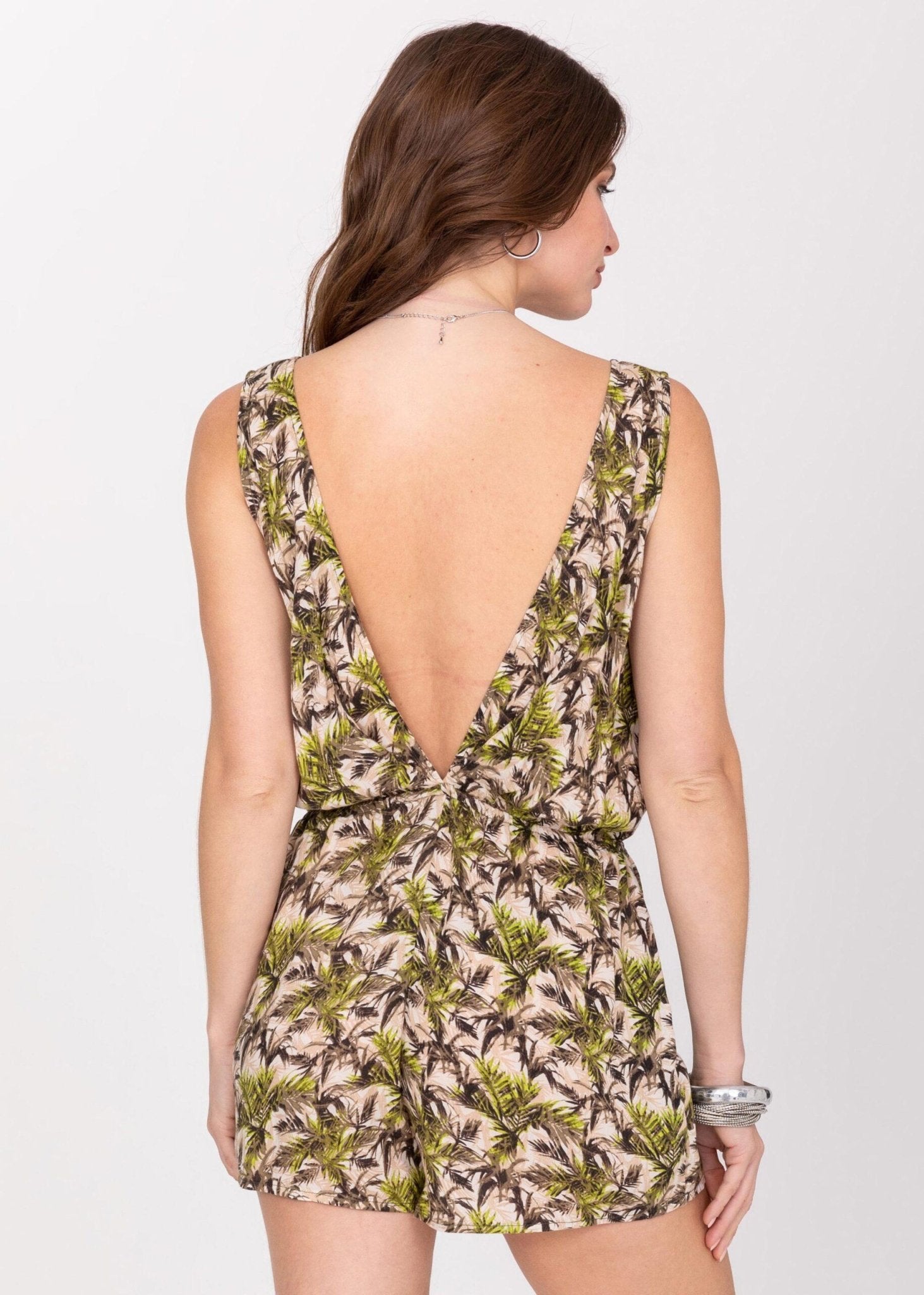 Open Back Summer Playsuit in Green Palm Trees Print - likemary